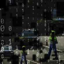 Photographic collage comprising automatic vehicles, a person wearing a bright vest, and zeroes and ones arranged as if they were rain