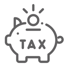 Icon of a piggy bank with the word tax on it
