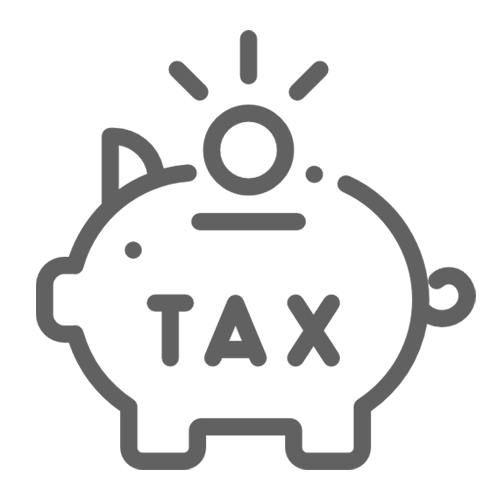 Icon of a piggy bank with the word tax on it