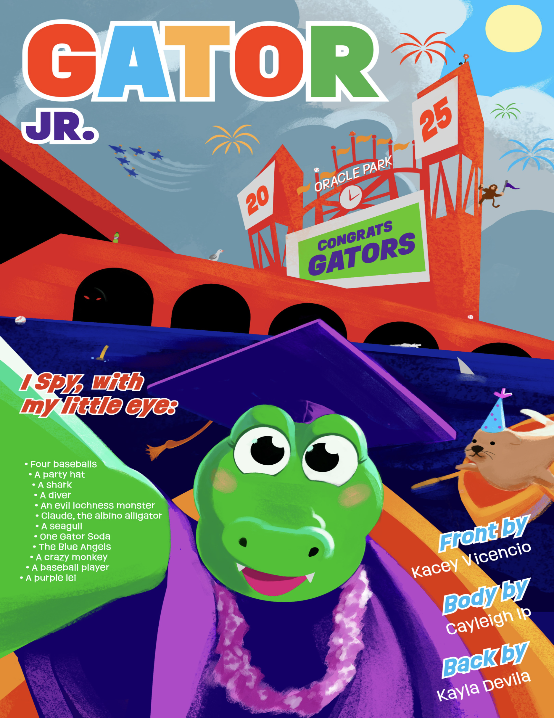 Kid's section's cover design by Kayce Vicencio showing an illustrator of SFSU's mascot graduating at the Oracle Park