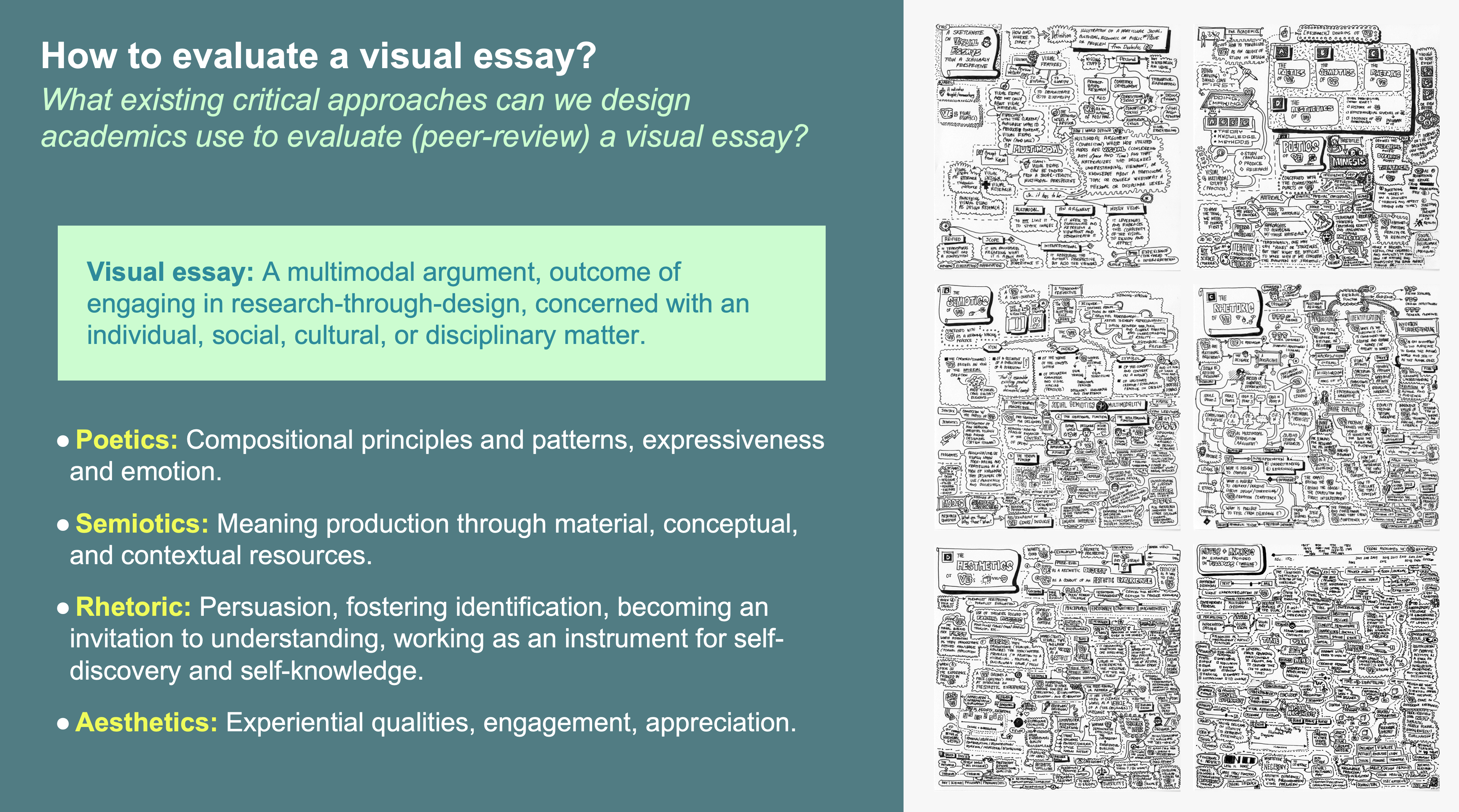 Slide listing poetics, semiotics, rhetoric, and aesthetics as critical approaches to the visual essay