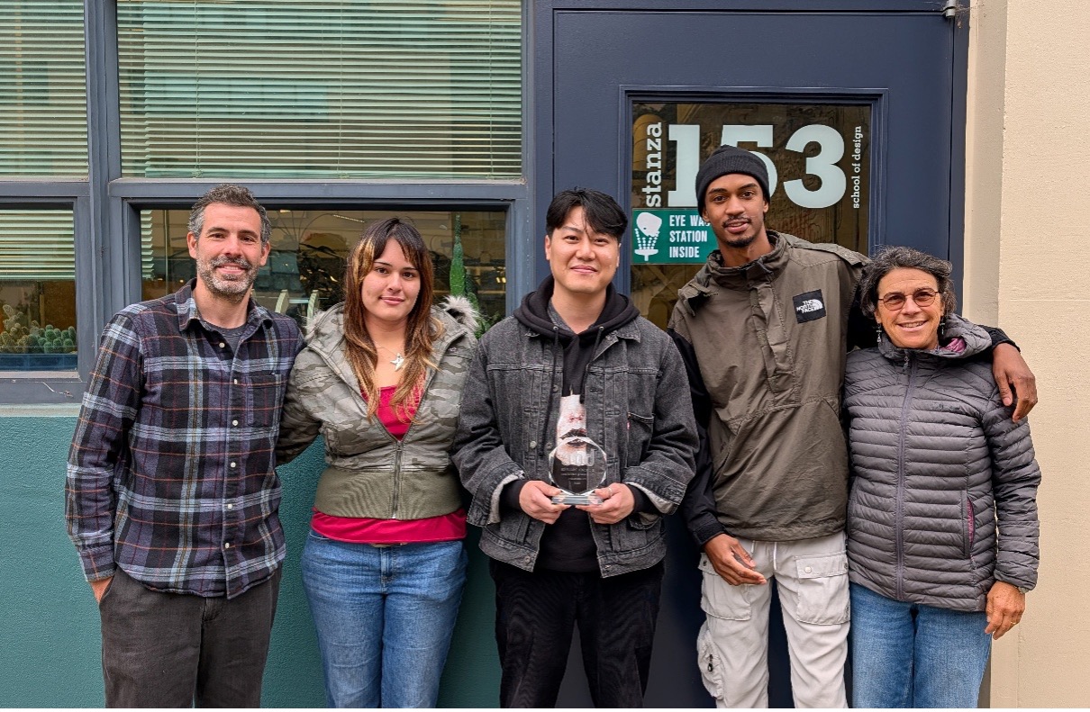 The SFSU 2026 Biodesign team, Coastal Resonance (from left to right): Associate Professor Fernando Carvalho, April Anderson, Jason Lee, Dominic Taylor, and special consultant Josie Iselin.