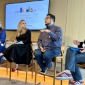 Professor Omar Sosa-Tzec discussing the intersection of AI and delightful design at a panel hosted by Google Ventures San Francisco.