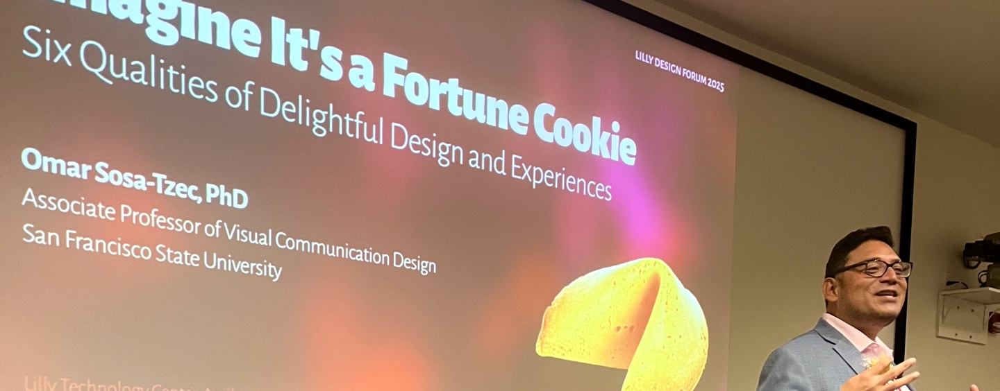 Dr. Omar Sosa-Tzec giving a talk about delightful design and experience at the Lilly Design Forum