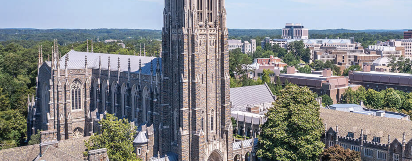 Image of a limestone tower that looks old. The image refers to a building in Duke University campus. 