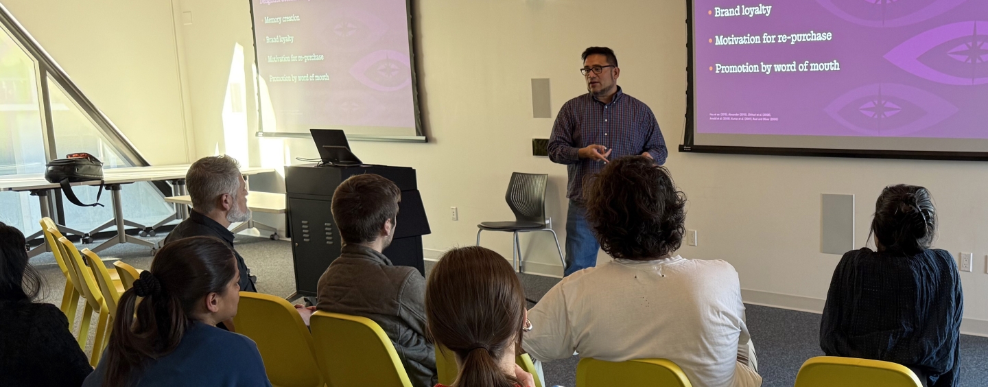 Professor Oma Sosa-Tzec giving a talk about Delightful Design to the Strategic Design MBA students of California College of the Arts