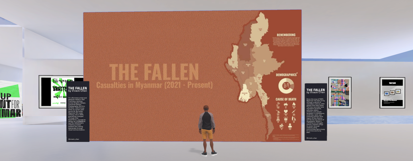 Image of a virtual reality hall showing a virtual reality person standing in front of a virtual reality wall displaying Vivack's work.