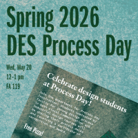 Flyer about Process Day Spring 2026. It says that the event will be on May 20 at noon in Room 117 of the Fine Arts Building. It also says that there'll be free pizza!
