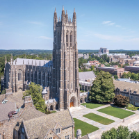 Image of a limestone tower that looks old. The image refers to a building in Duke University campus. 