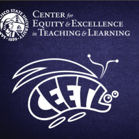 The image comprises two parts. On the top part there is the seal of SFSU and the words Center of Equity and Excellence in Teaching and Learning. The bottom part looks the drawing of a ladybug with the letters CEETL inside. 
