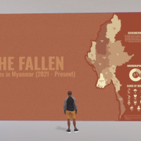 Image of a virtual reality hall showing a virtual reality person standing in front of a virtual reality wall displaying Vivack's work.