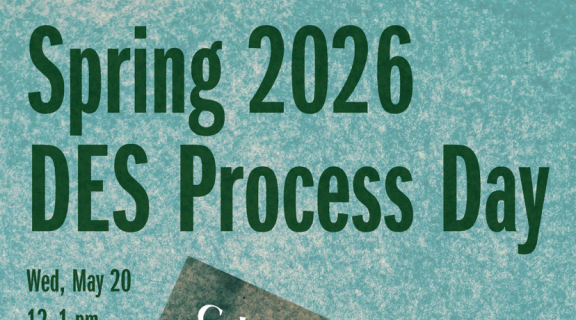 Flyer about Process Day Spring 2026. It says that the event will be on May 20 at noon in Room 117 of the Fine Arts Building. It also says that there'll be free pizza!